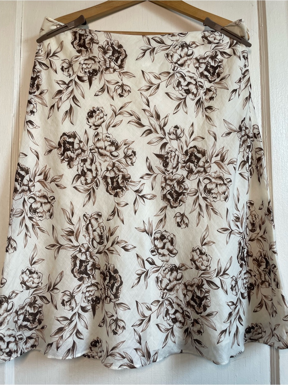 LOFT Ivory Brown Floral A-Line Midi Skirt 14 100% Ramie Lined